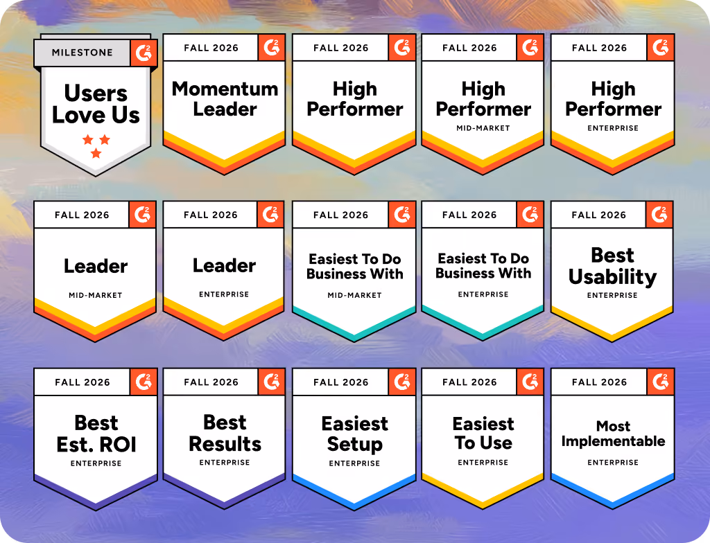 A wall of fifteen G2 award badges for Fall 2026, including Leader, High Performer, Users Love Us, Best Usability and Best Estimated ROI