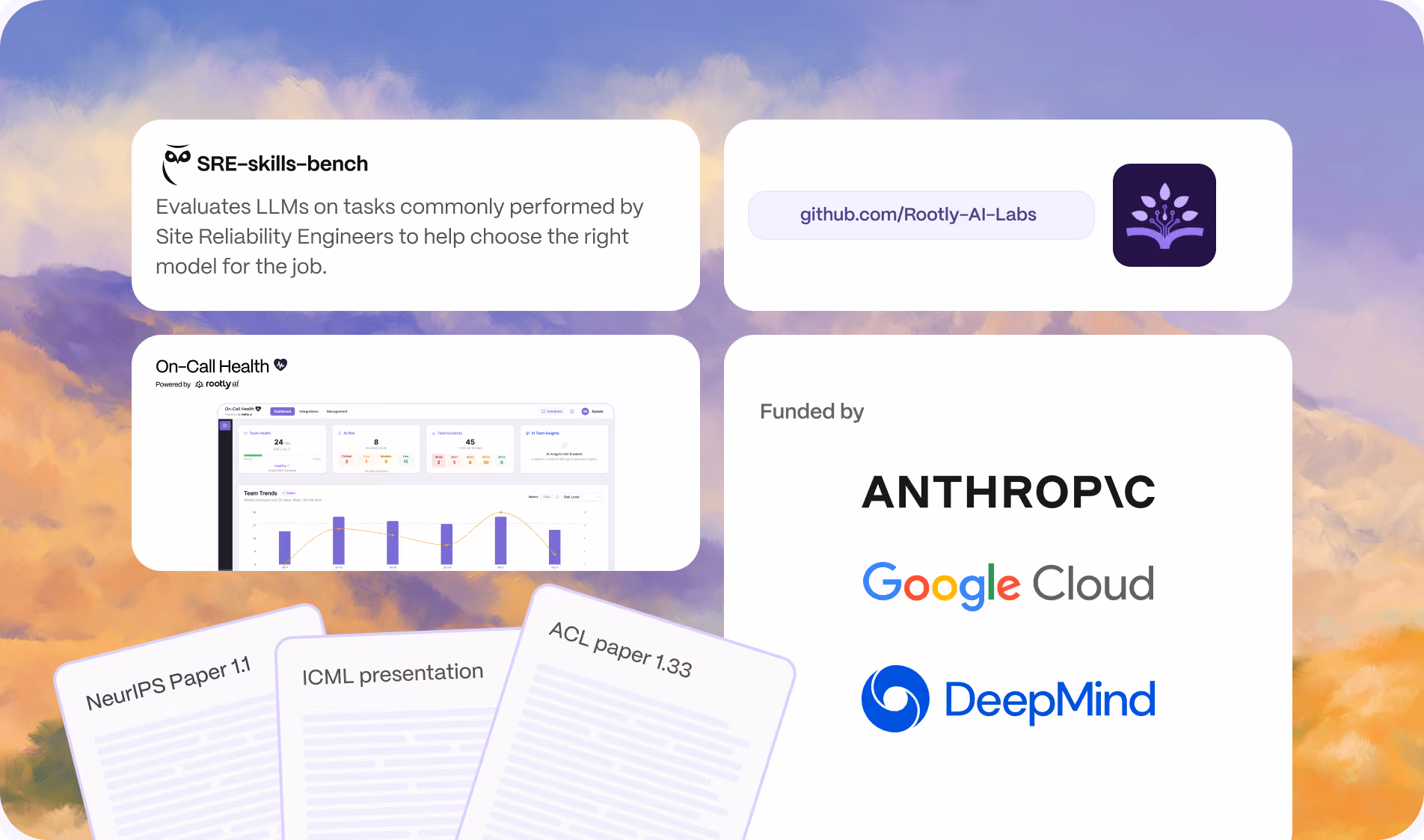 Rootly AI Labs work: the SRE-skills-bench project, an on-call health dashboard, published NeurIPS, ICML and ACL papers, and funding from Anthropic, Google Cloud and DeepMind
