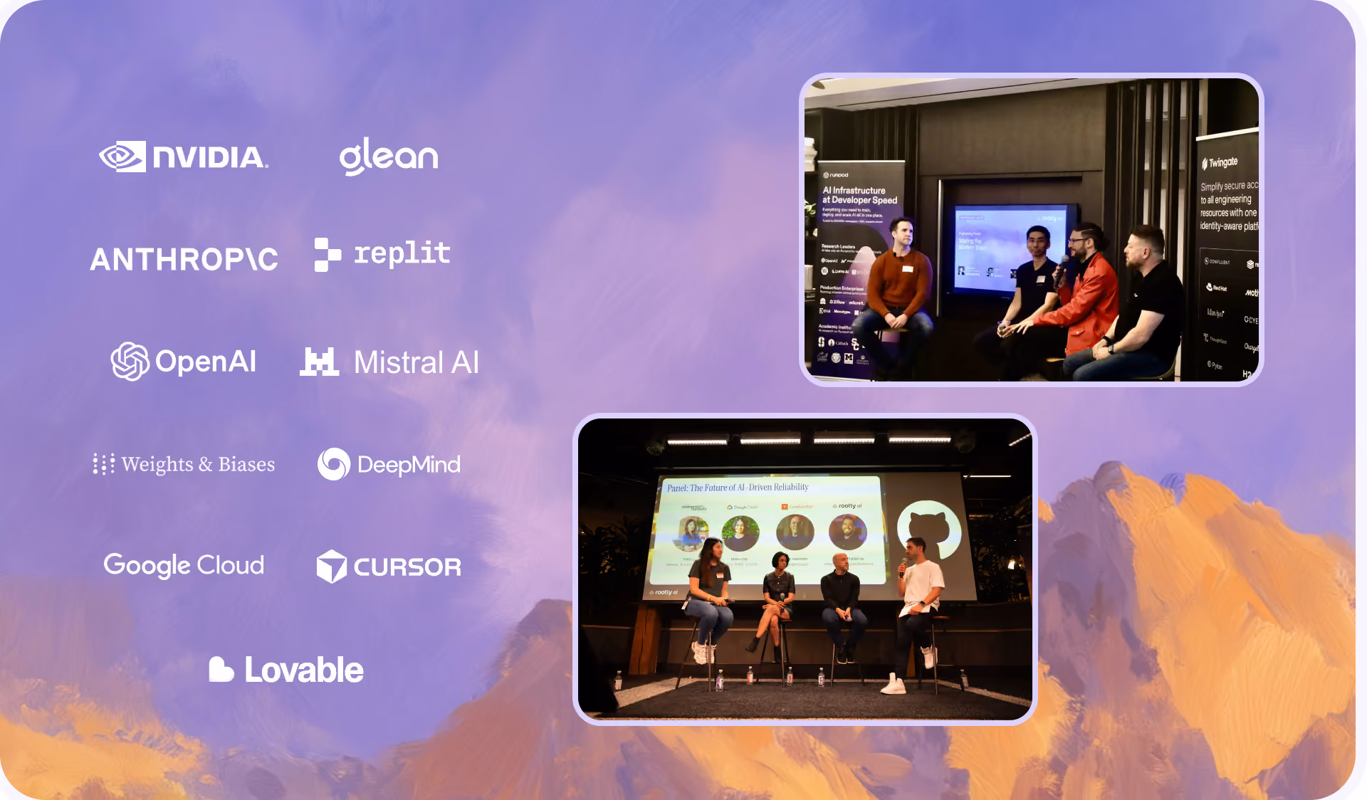 Partner logos including NVIDIA, Anthropic, OpenAI, Weights & Biases, Google Cloud, Glean, Replit, Mistral AI, DeepMind, Cursor and Lovable, beside photographs of two Rootly panel events
