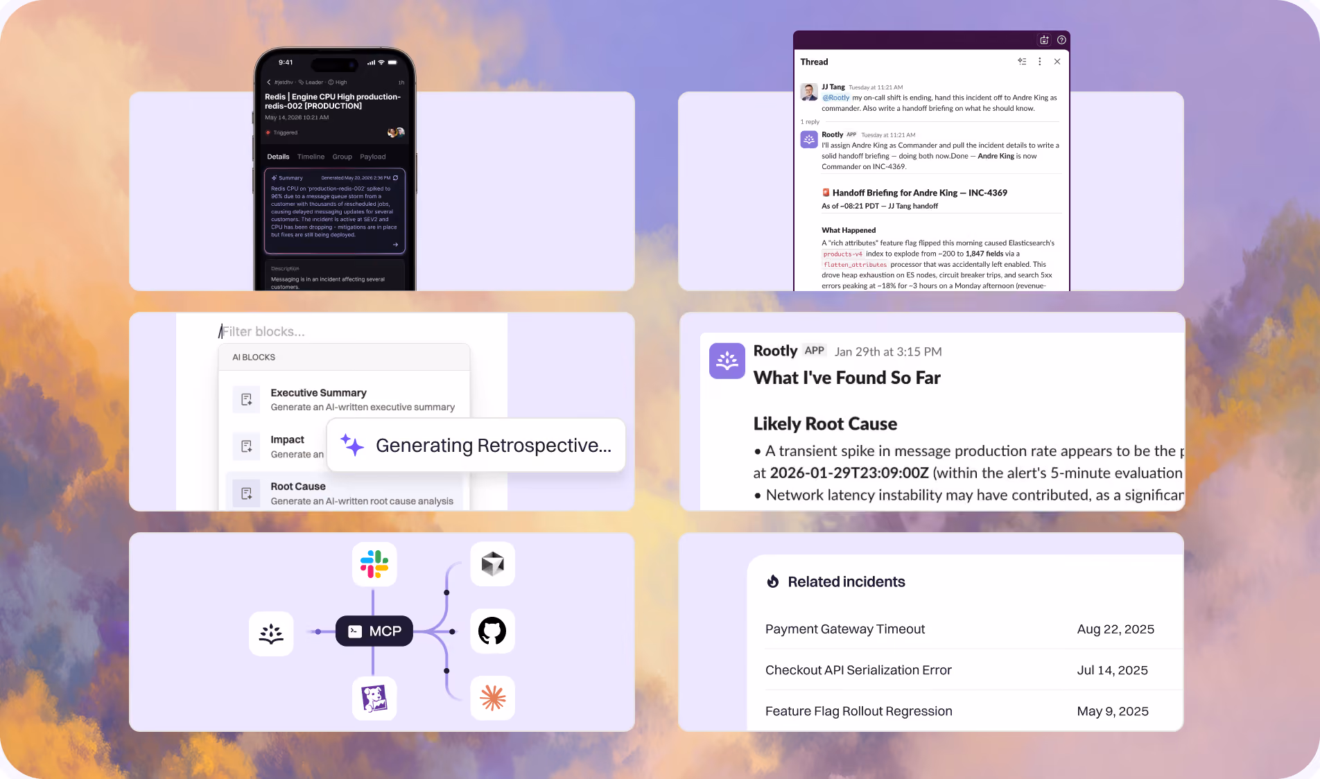 Rootly AI across surfaces: a mobile incident summary, a Slack handoff briefing, AI retrospective blocks, an MCP server connecting Slack, GitHub and other tools, and a related-incidents list
