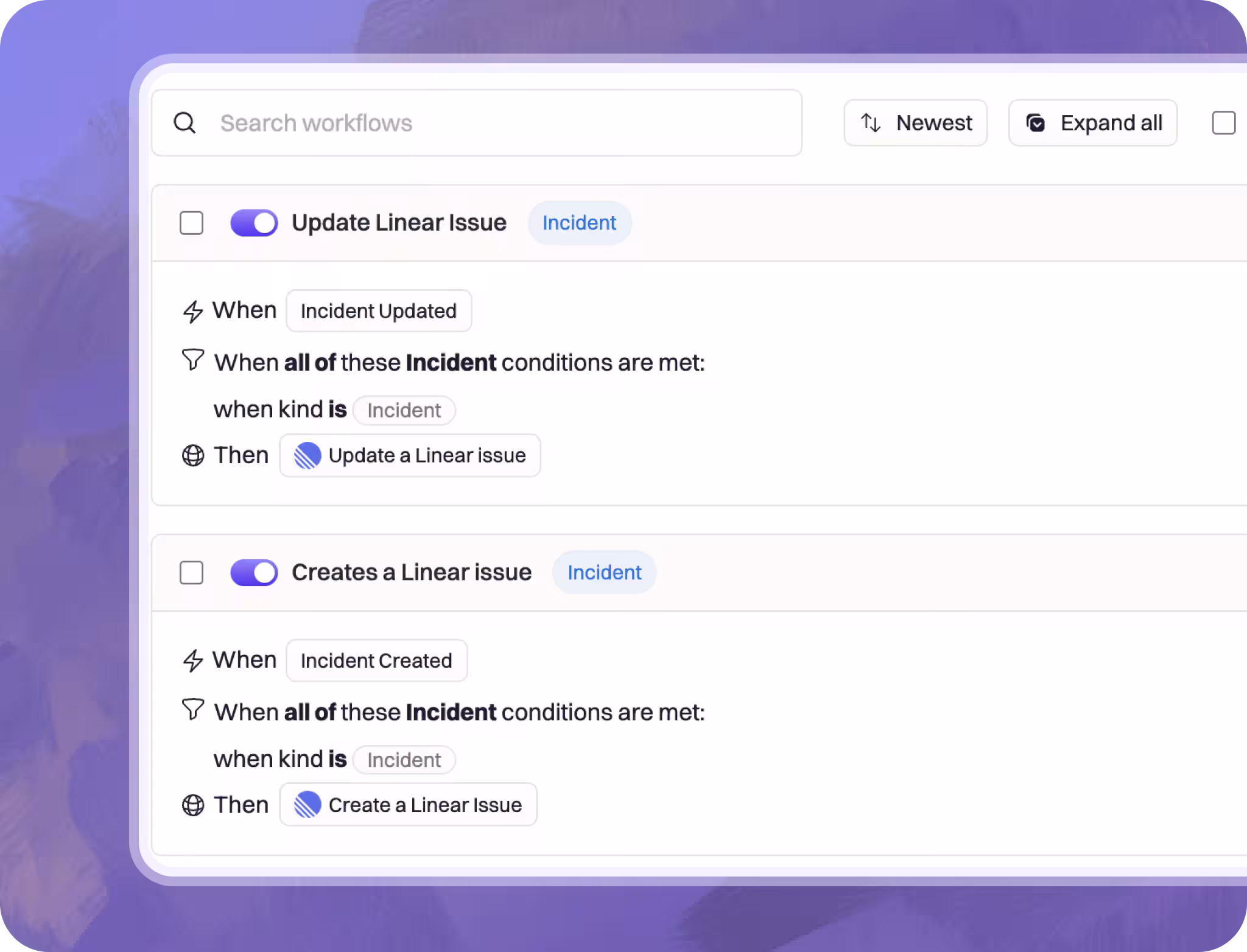 A Rootly workflow editor assembling an incident playbook from prebuilt, branching steps