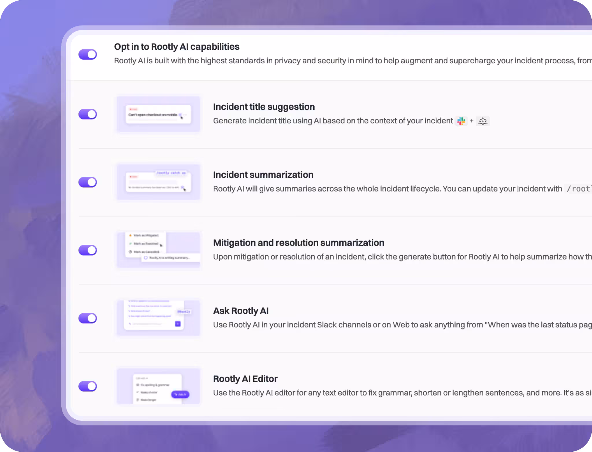 Rootly AI settings with third-party model training disabled and per-feature opt-in toggles
