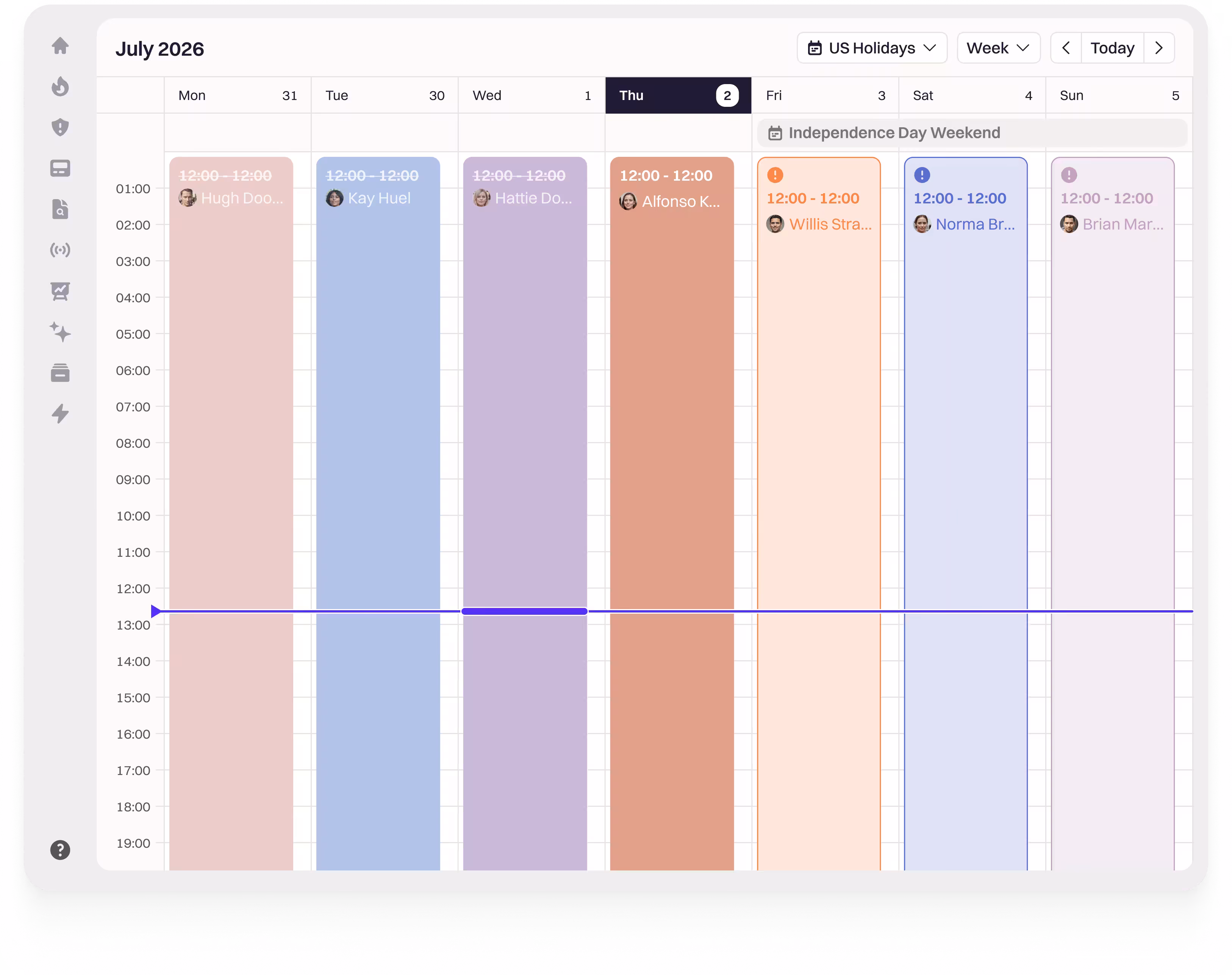 The Rootly on-call calendar for July, with colour-coded rotations across the week