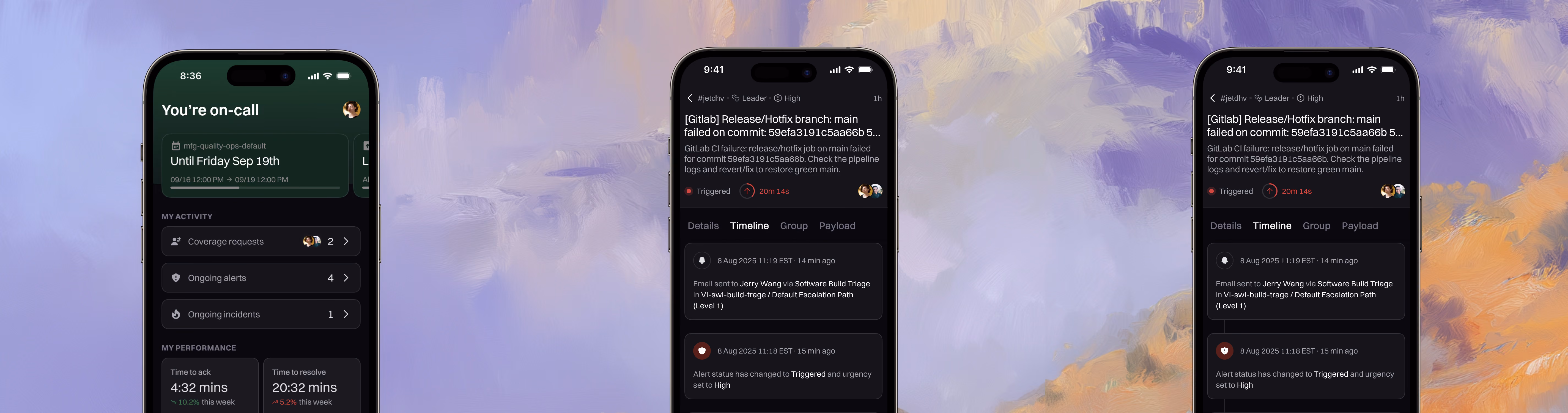 Three Rootly mobile app screens side by side: an on-call dashboard with coverage requests, ongoing alerts, incidents and time-to-acknowledge metrics; a GitLab CI alert for a failed release/hotfix job on main, showing its timeline and triggered status; and the same alert with its urgency set to high.