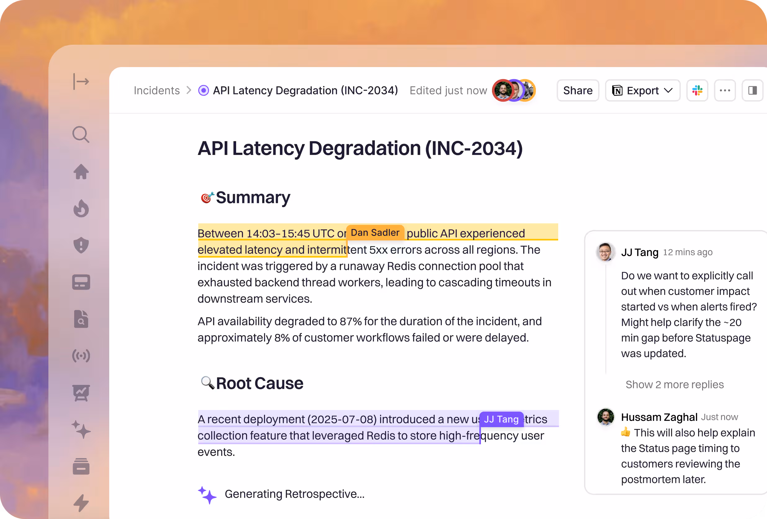 A Rootly retrospective being drafted, with AI-generated summary, impact and timeline blocks