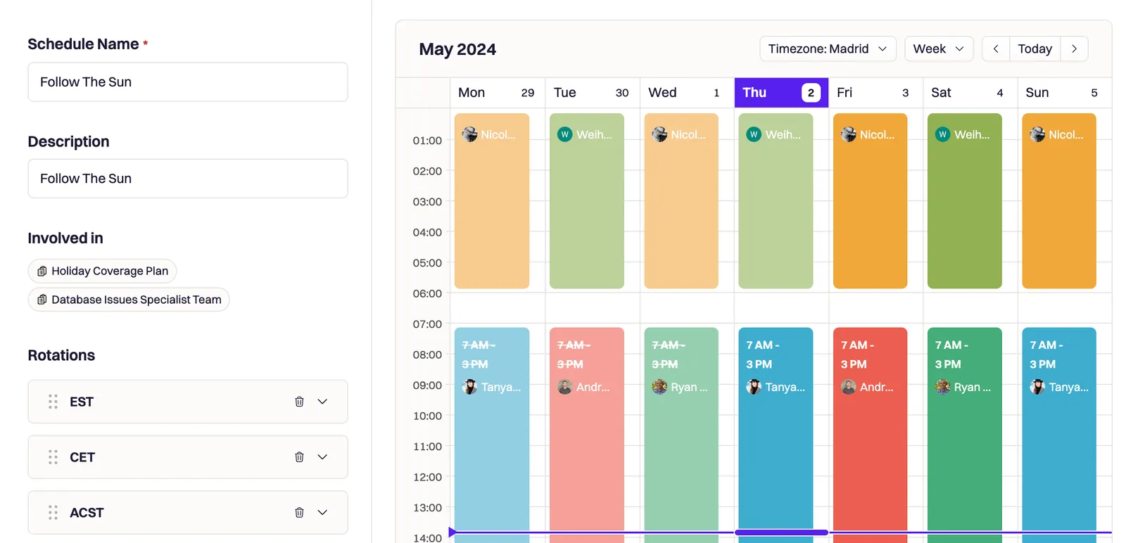 Example of a follow-the-sun schedule