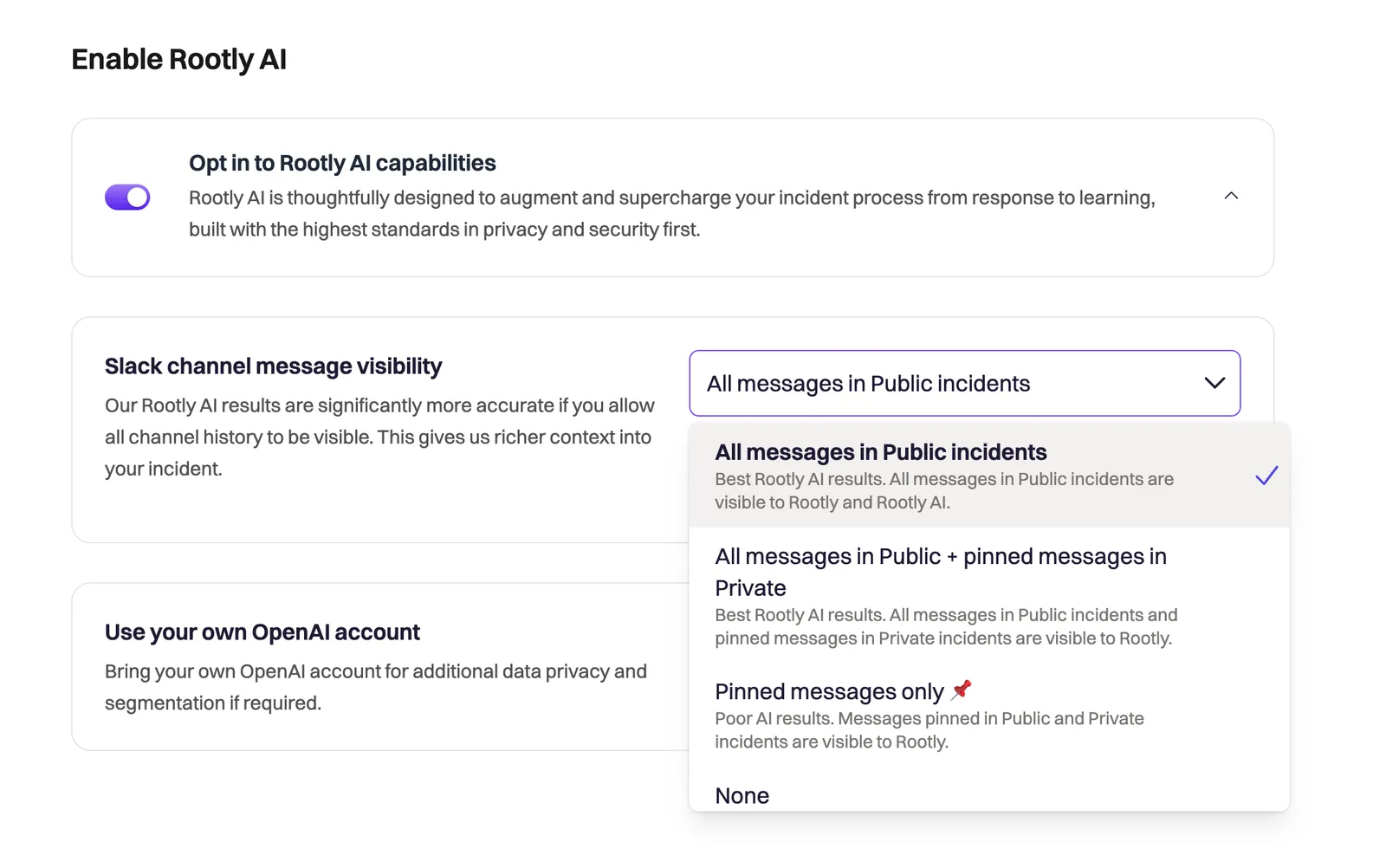 Screenshot of the controls to specify which Slack messages are used for AI