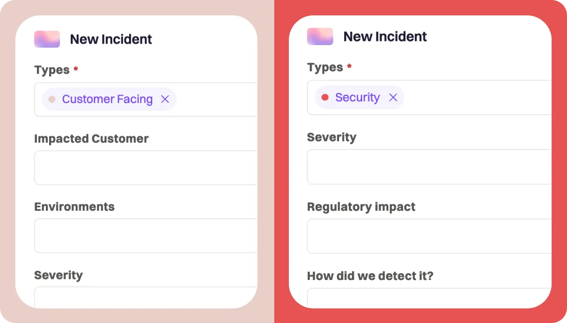 Left side: Screenshot of a form with fields related to customer facing incidents. Right side: form with inputs related to security incidents.