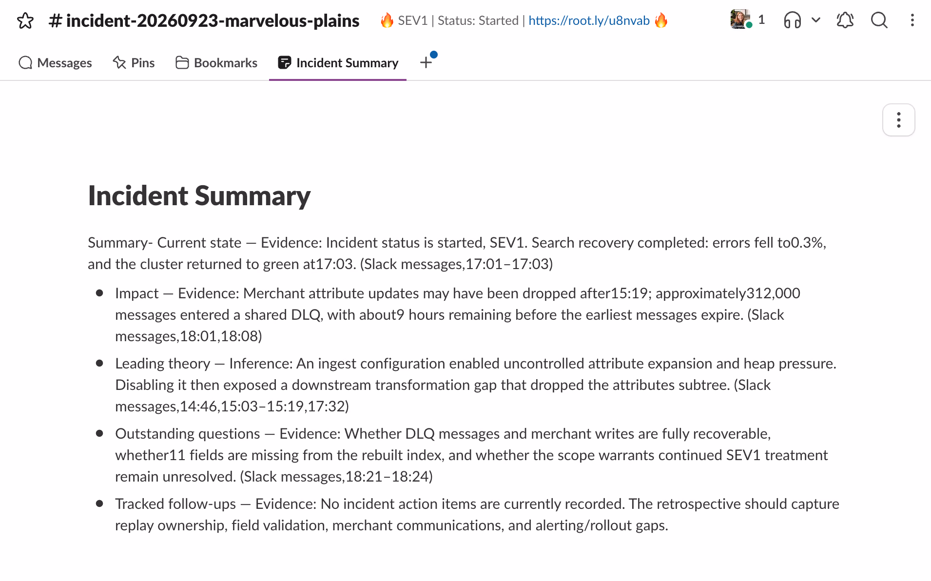 The Incident Summary canvas tab in a SEV1 incident’s Slack channel, with Rootly’s summary of the current state, impact, leading theory, outstanding questions and follow-ups