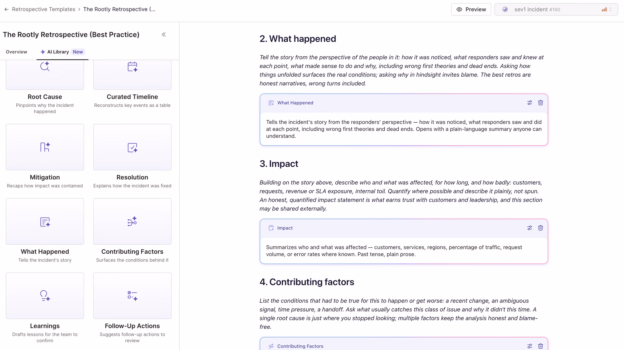 The Rootly Retrospective template in the editor, with the AI Library’s blocks on the left and the What happened, Impact and Contributing factors sections on the right