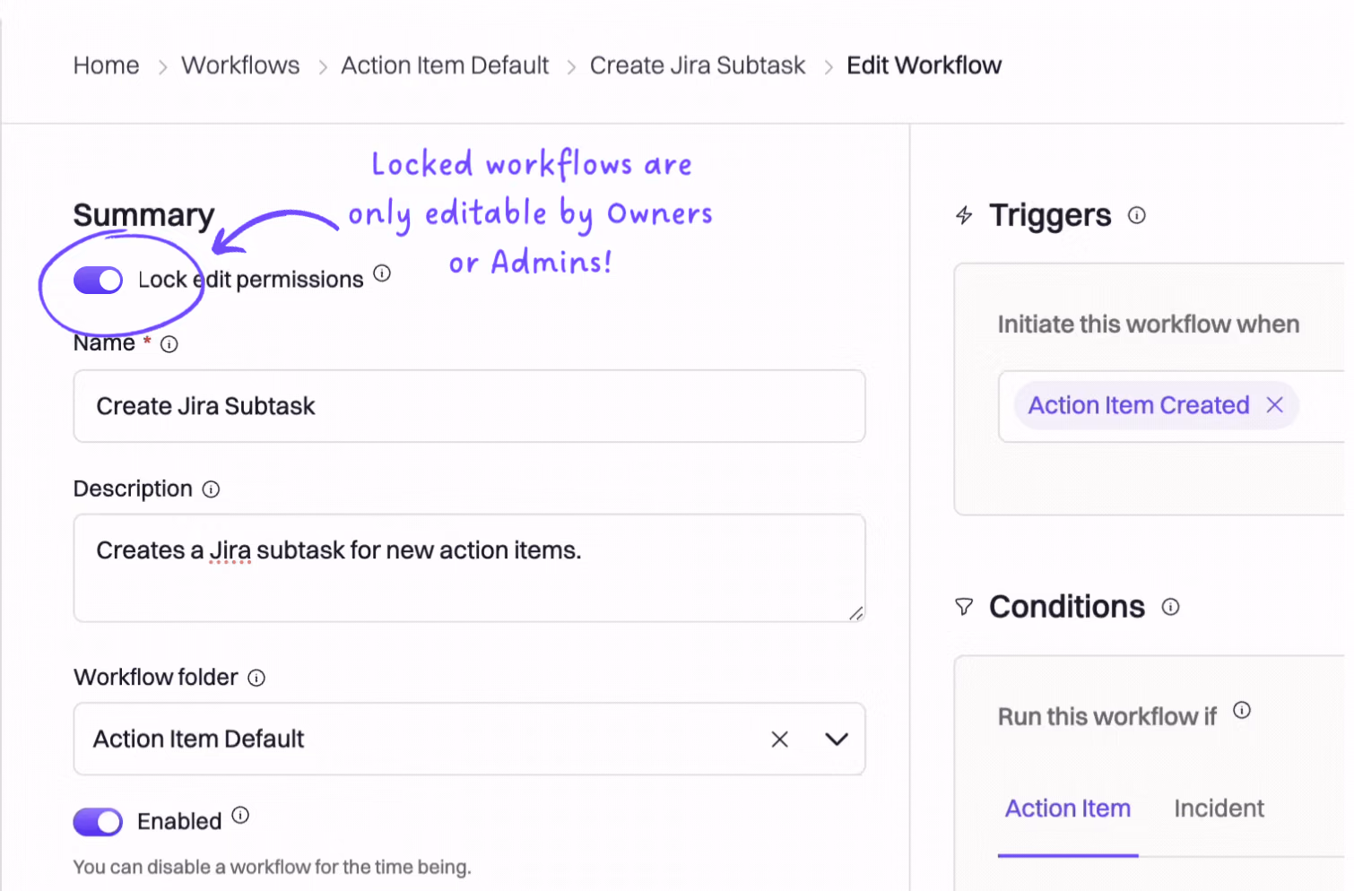 A workflow’s Lock edit permissions toggle switched on, with a note that locked workflows are only editable by Owners or Admins
