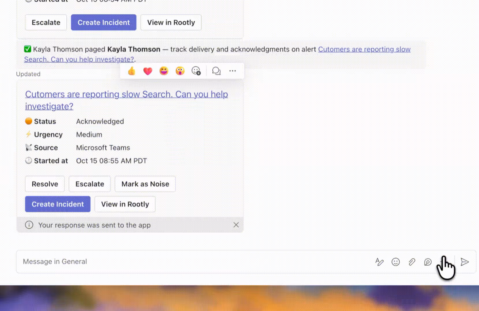 Opening the Rootly app’s Page form in a Teams channel, filling in the problem, responder, and urgency, then the new alert card posting to the channel with Acknowledge, Resolve, and Mark as Noise buttons