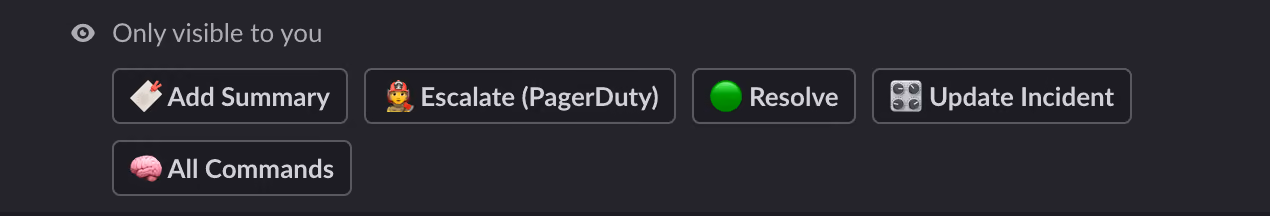 The /rootly shortcuts in an incident channel: Add Summary, Escalate (PagerDuty), Resolve, Update Incident, and All Commands