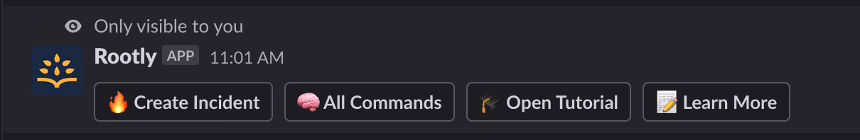 The /rootly shortcuts in a non-incident channel: Create Incident, All Commands, Open Tutorial, and Learn More