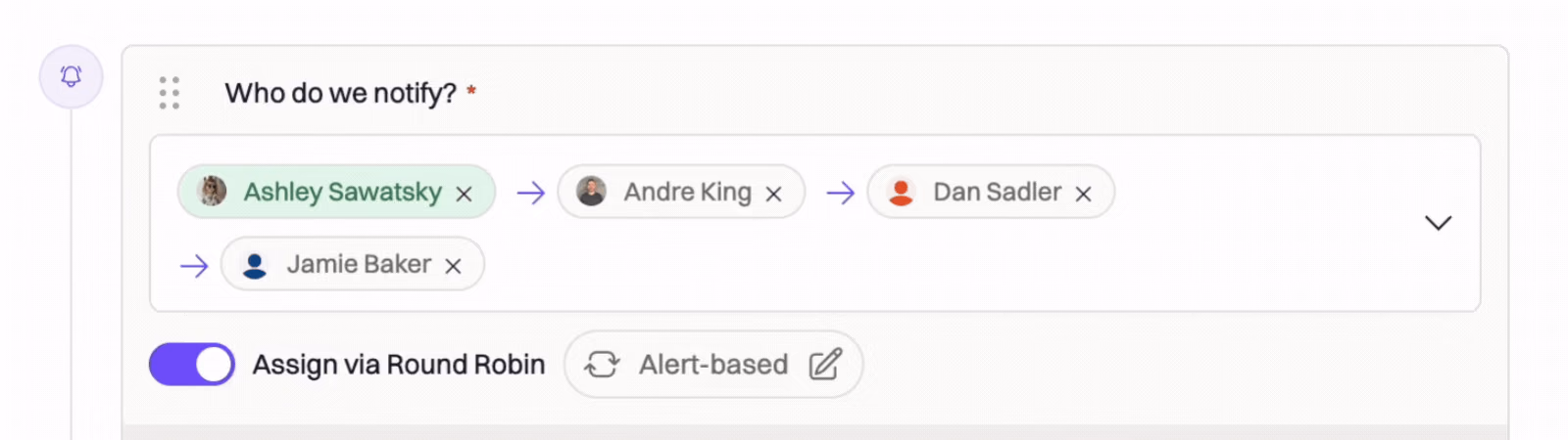 An escalation step notifying four responders in turn, with Assign via Round Robin switched on and set to Alert-based