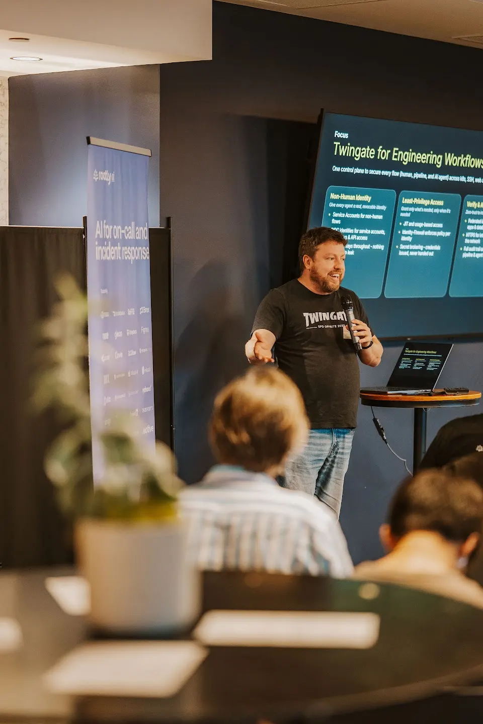 A speaker presenting to the community at SF Rooftop Tech Mixer & Demo Night at SVB (photo 8)