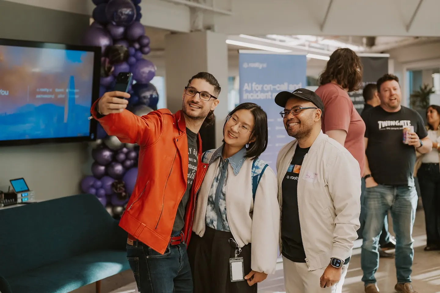 Community members posing together at Rootly Meet Up (SF) - Running AI at Enterprise Scale (photo 7)