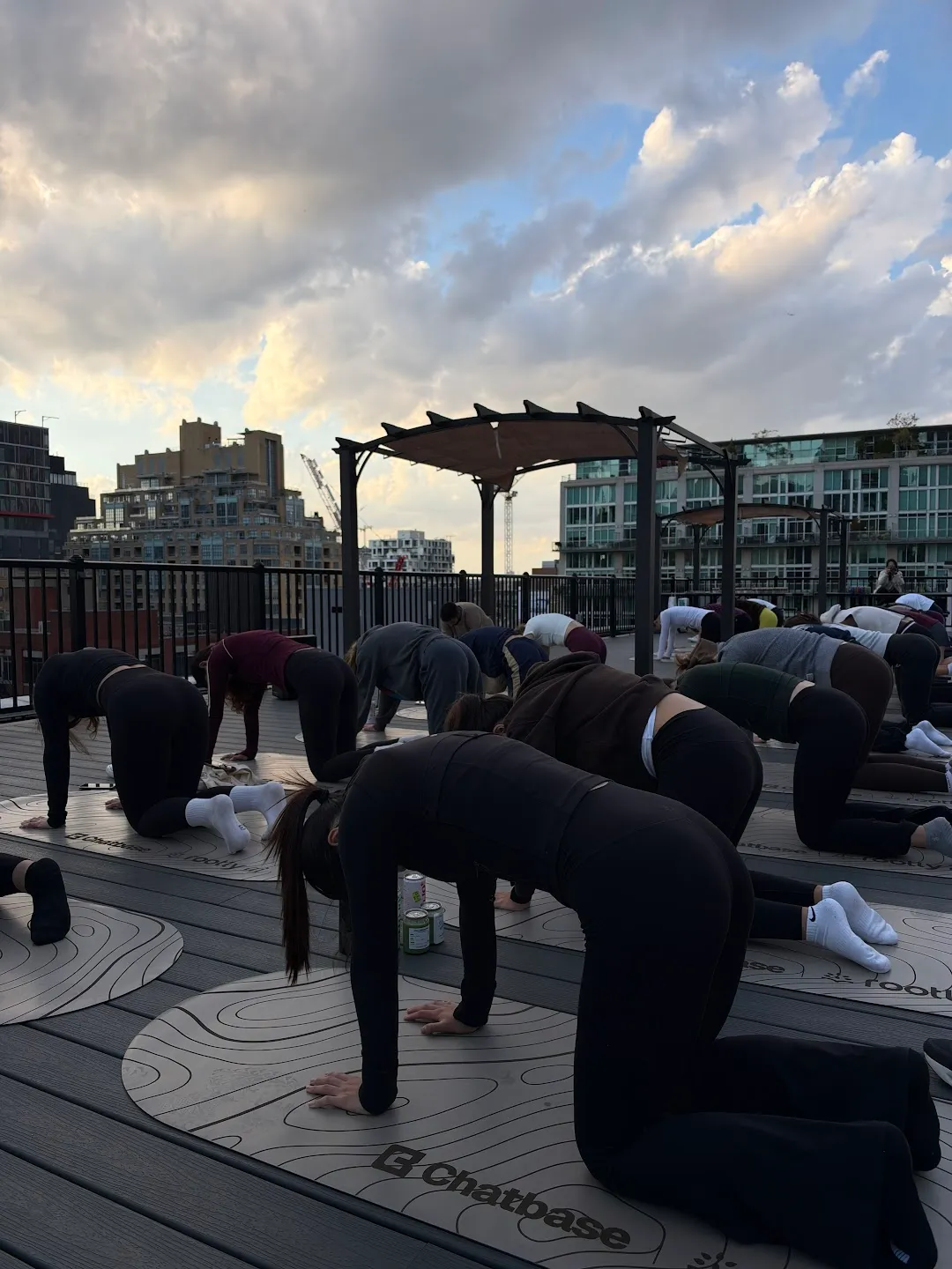 Participants stretching through standing yoga poses against the Toronto skyline