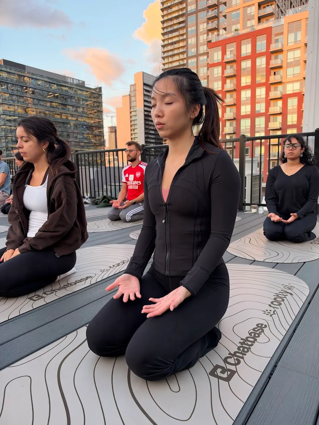 Participants seated on mats during rooftop yoga