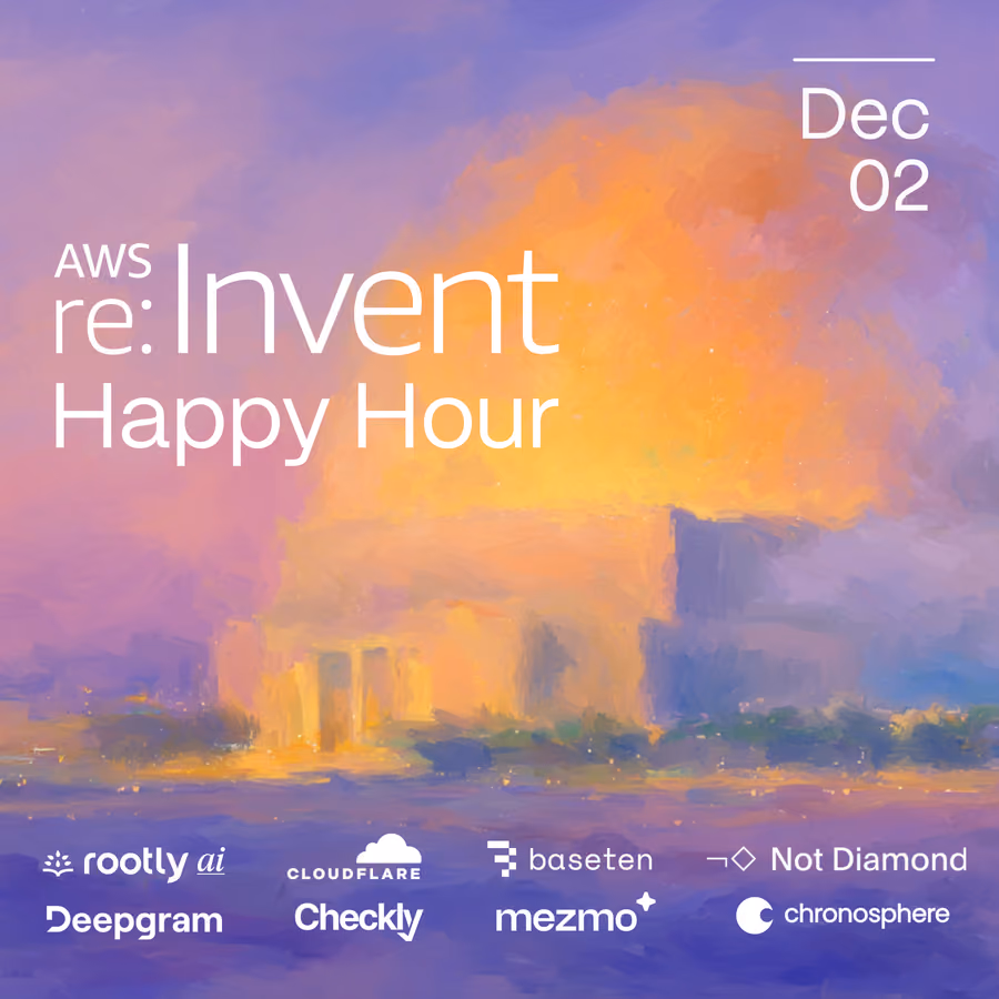 AWS re:Invent Happy Hour w/ Rootly AI, Cloudflare, Baseten, Chronosphere, Not Diamond, Deepgram, Mezmo, Checkly, & More! event artwork