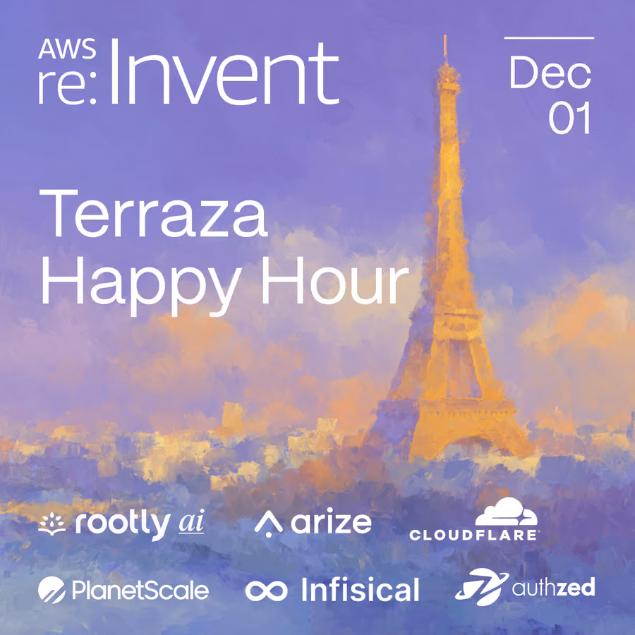 AWS re:Invent Happy Hour w/ Rootly AI, Cloudflare, PlanetScale, AuthZed, Infisical, Arize AI, & More! event artwork