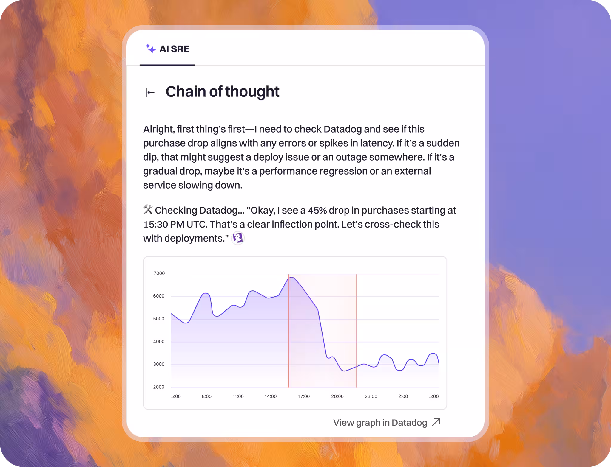 A reasoning chain linking a deploy to failing telemetry, scored by confidence