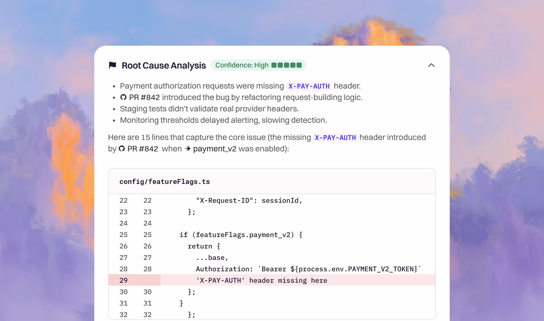 A ranked list of probable root causes, each with a confidence score and its evidence
