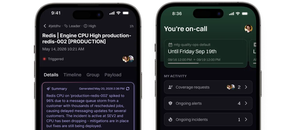 The Rootly mobile app showing an incident channel beside an on-call schedule