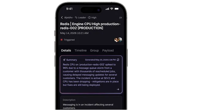 The Rootly mobile app showing an incident summary for a Redis CPU spike