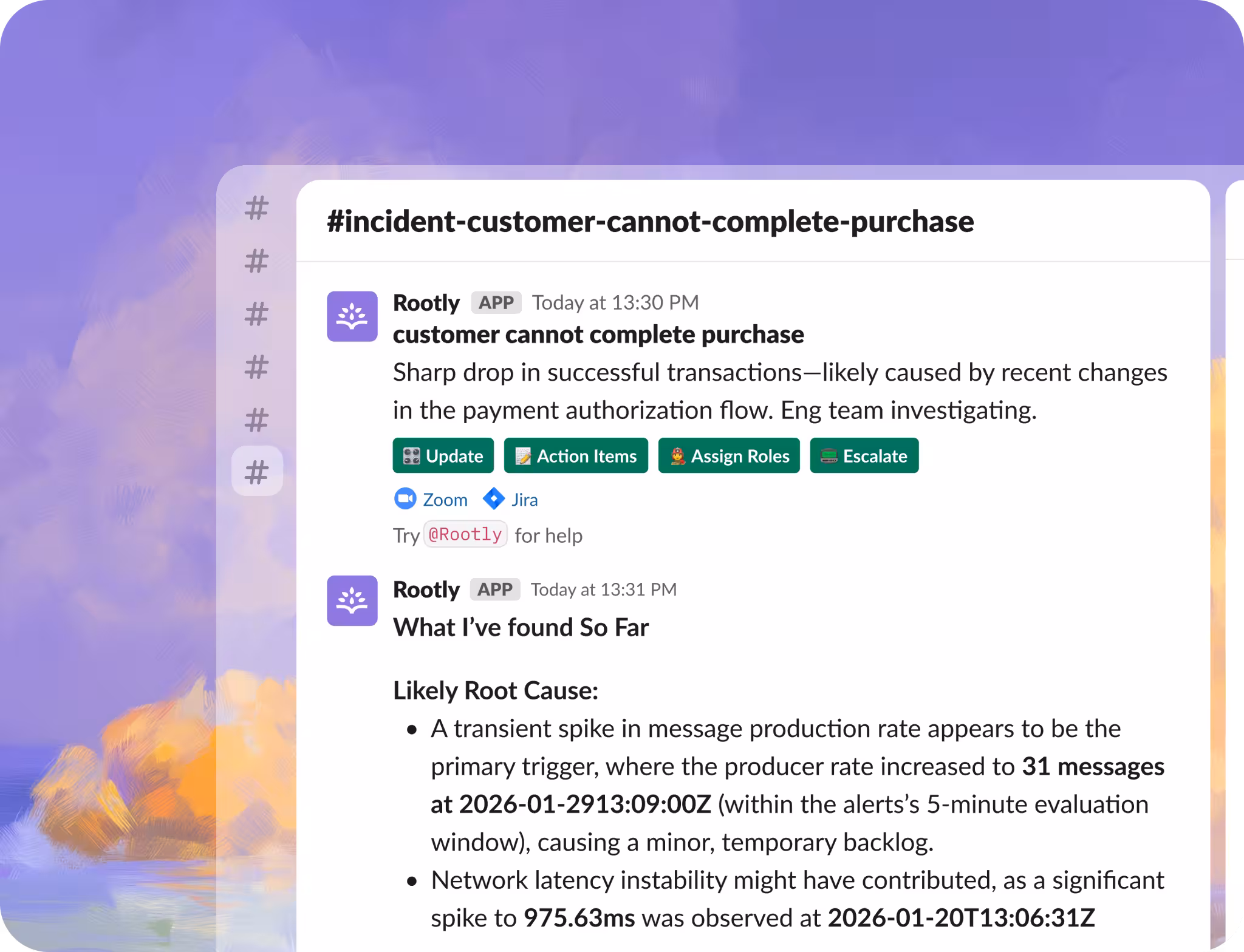 Rootly AI SRE tracing an incident through catalog service dependencies and recent changes