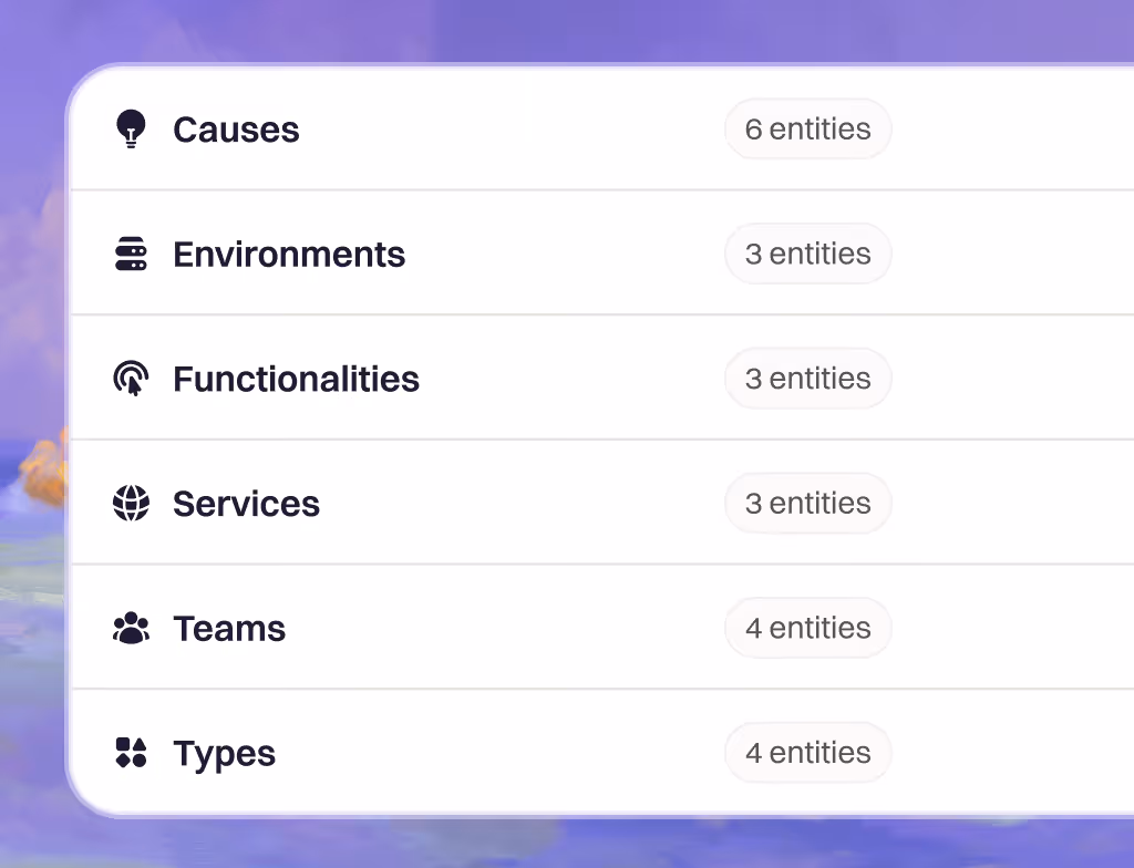 The Rootly Catalog list showing causes, environments, functionalities, services, teams, and types with their entity counts