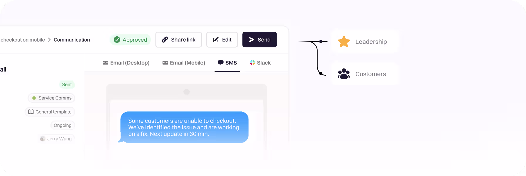 An AI-drafted status update fanning out to a status page and internal channels