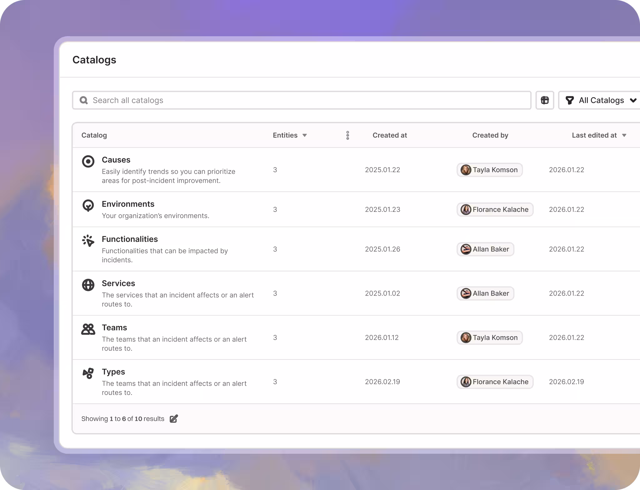 The Rootly service catalog listing services with their owning teams and linked runbooks
