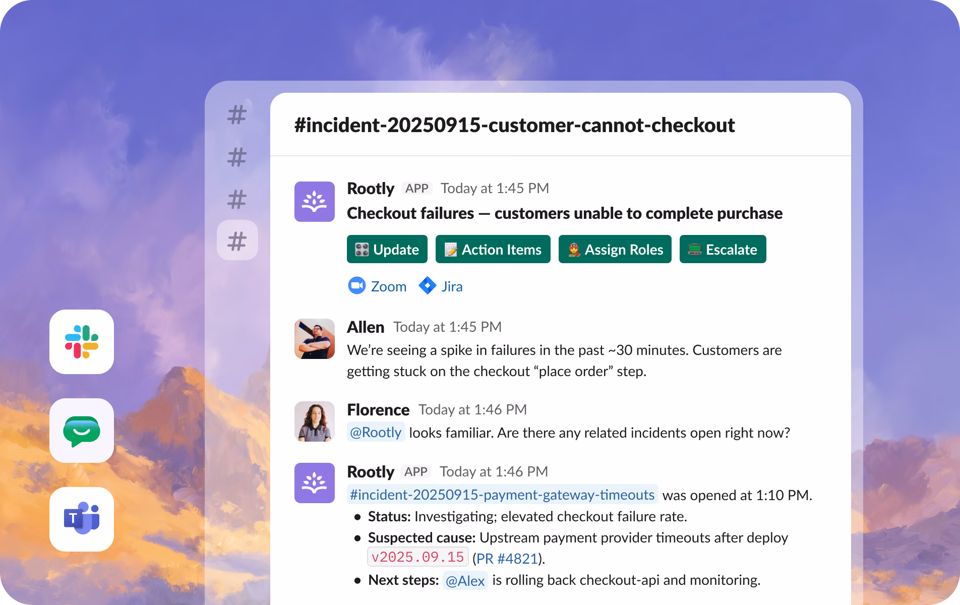 An incident channel in Slack where the Rootly app posts the incident with Update, Action Items, Assign Roles and Escalate actions, then surfaces a related open incident with its status, suspected cause and next steps