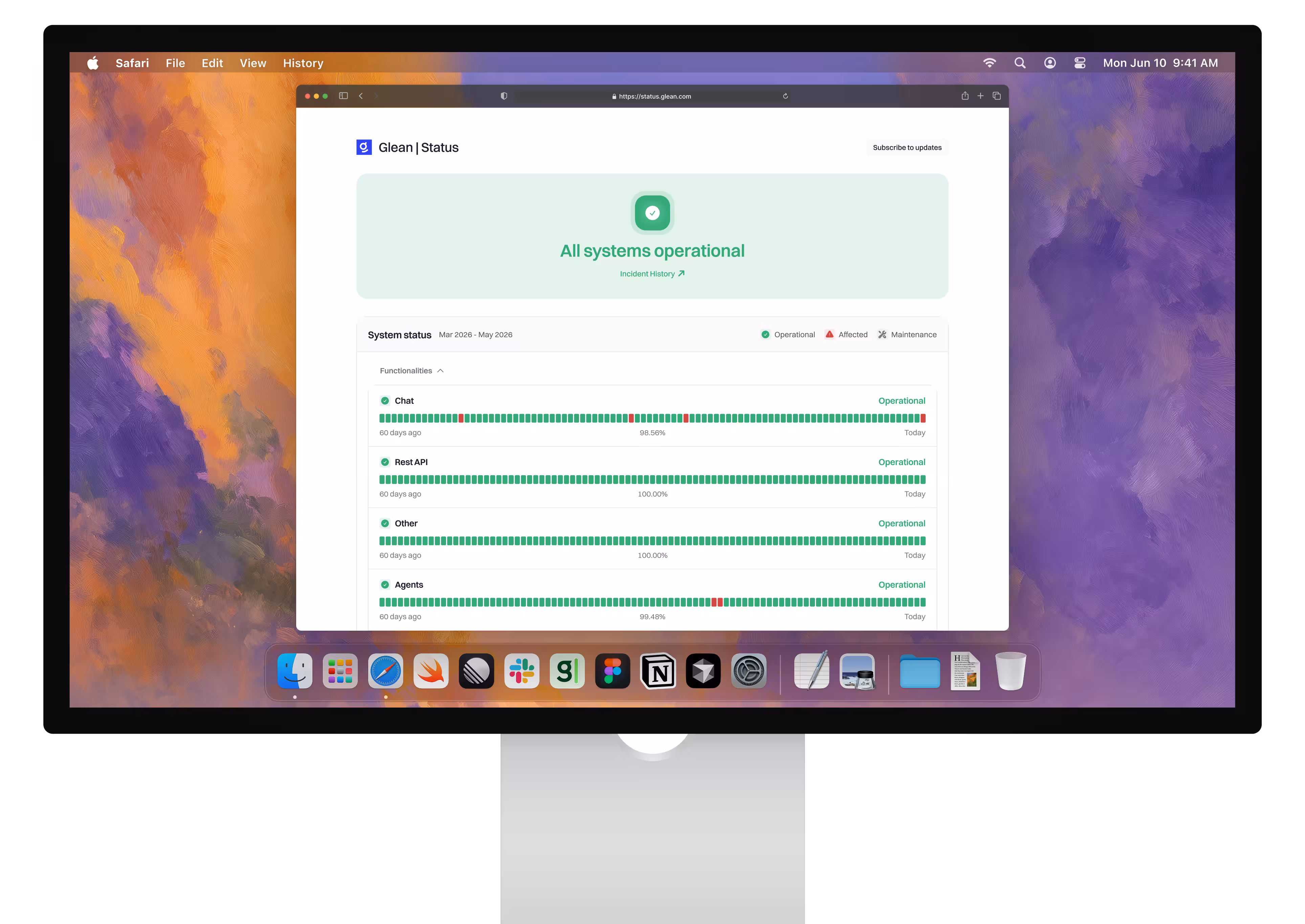 A customer-facing Rootly status page on a desktop display, reporting all systems operational with 90 days of per-service history
