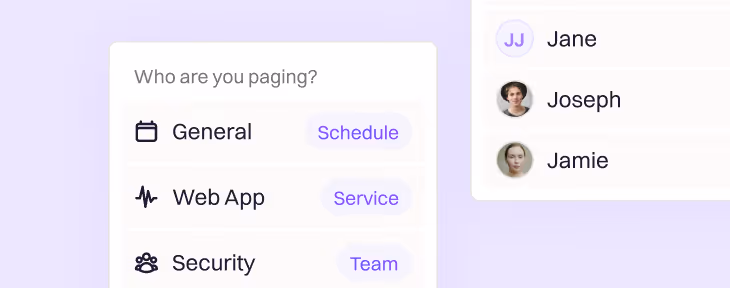 A paging target picker offering General, Web App and Security alongside the responders on call