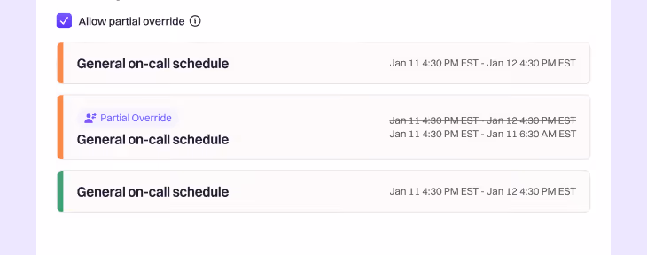 A list of on-call overrides, one of them a partial override across a single evening