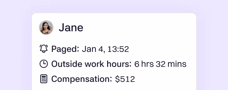 A responder summary showing pages taken, hours outside work time, and the resulting compensation