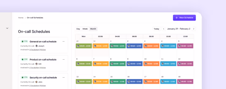 The on-call schedules screen with several team rotations laid out across a month
