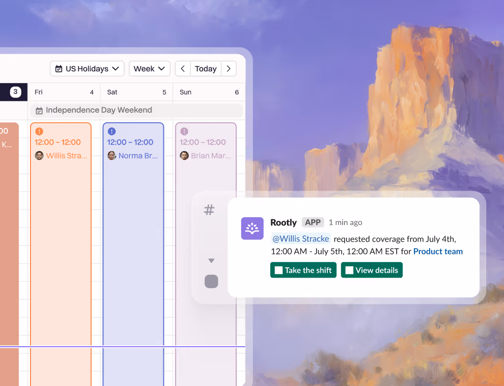 An on-call week with a Slack coverage request offering the shift to another responder