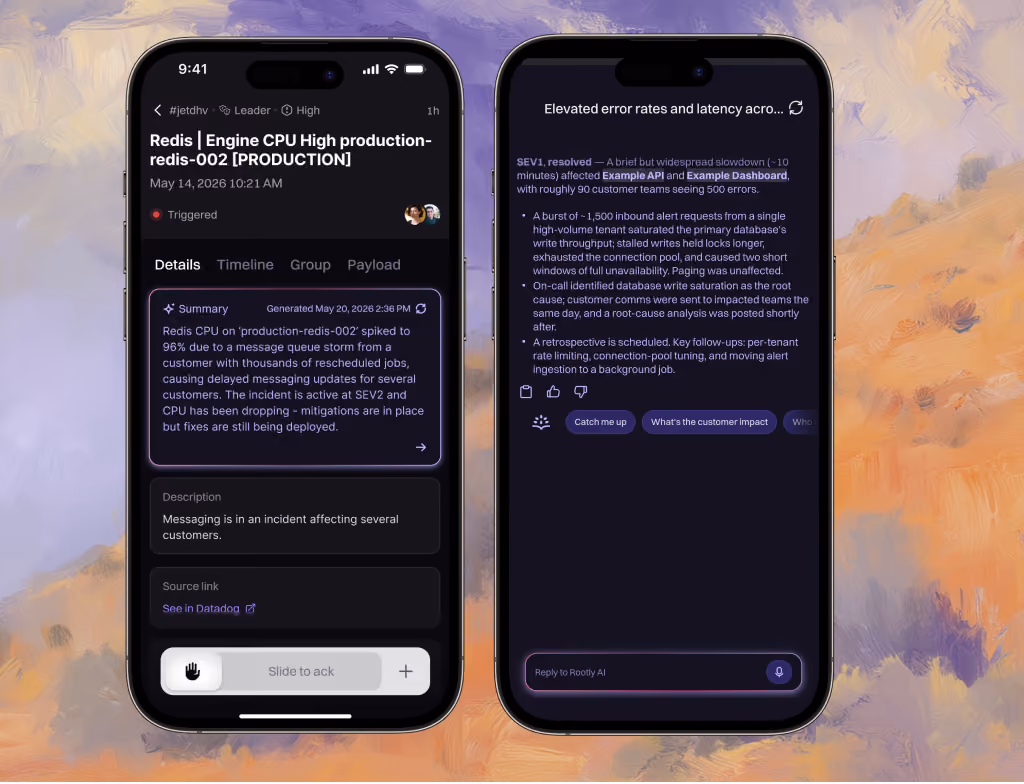 Two phones side by side: an incident page with an AI summary, and a chat asking Rootly AI about impact