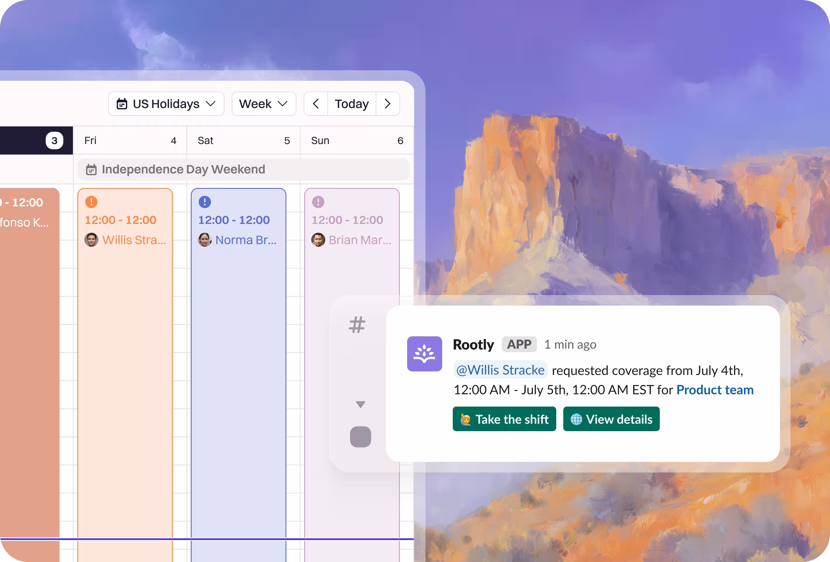 A weekly on-call calendar with colour-coded rotations and a Slack message offering to take a coverage request