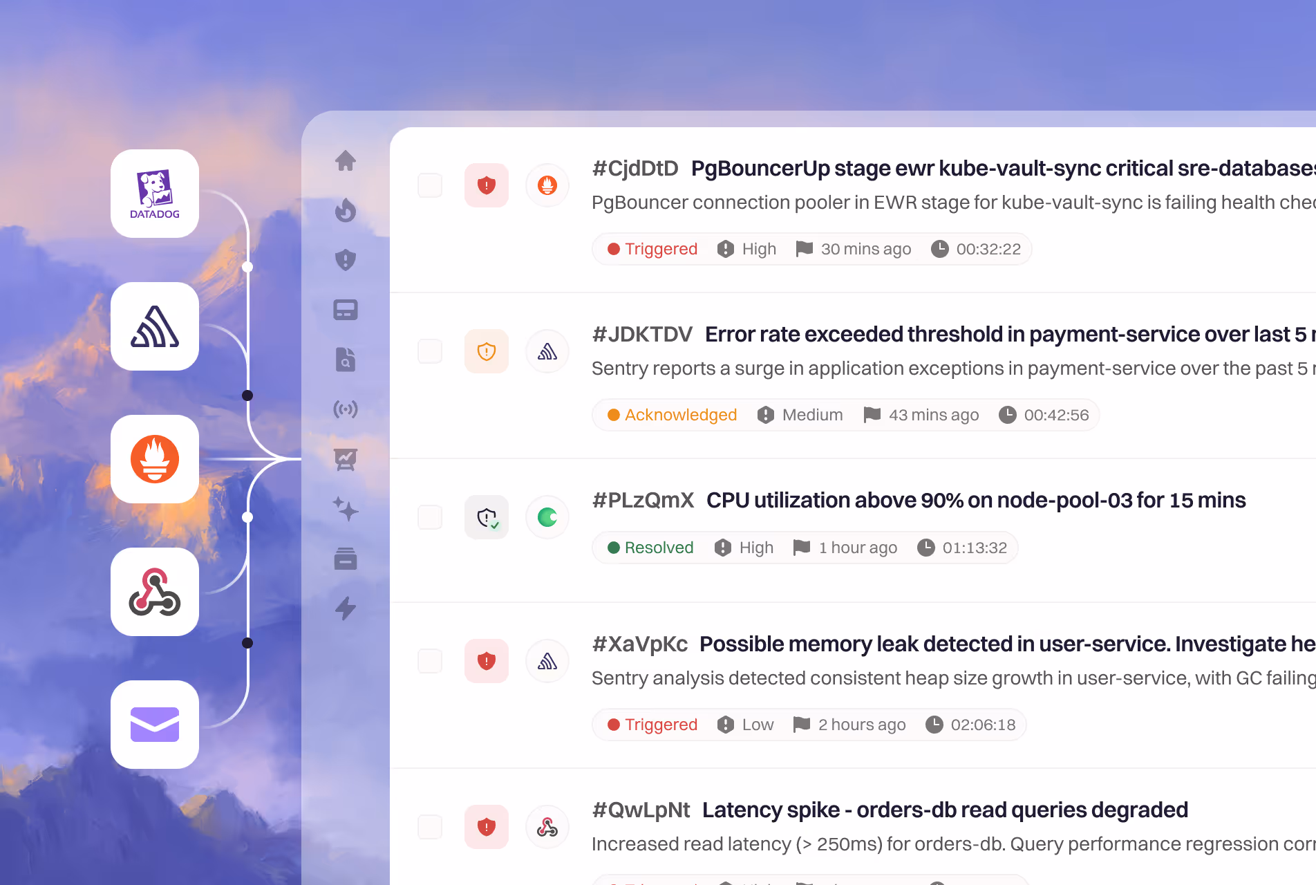 An alert timeline gathering pages, acknowledgements and escalations for one service