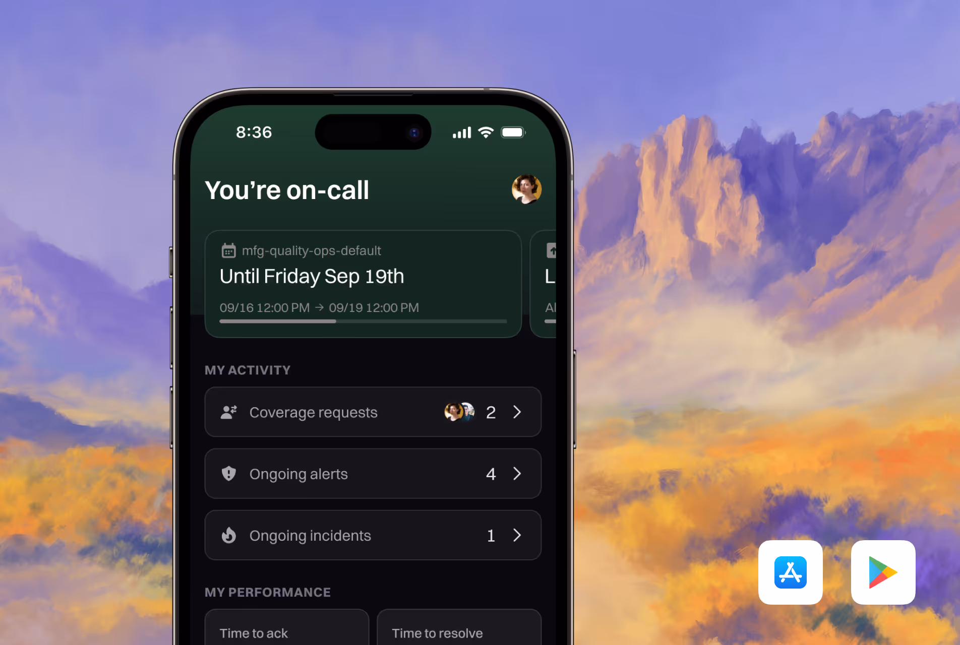 The Rootly mobile app showing an incoming page with the responder’s current shift and alert history