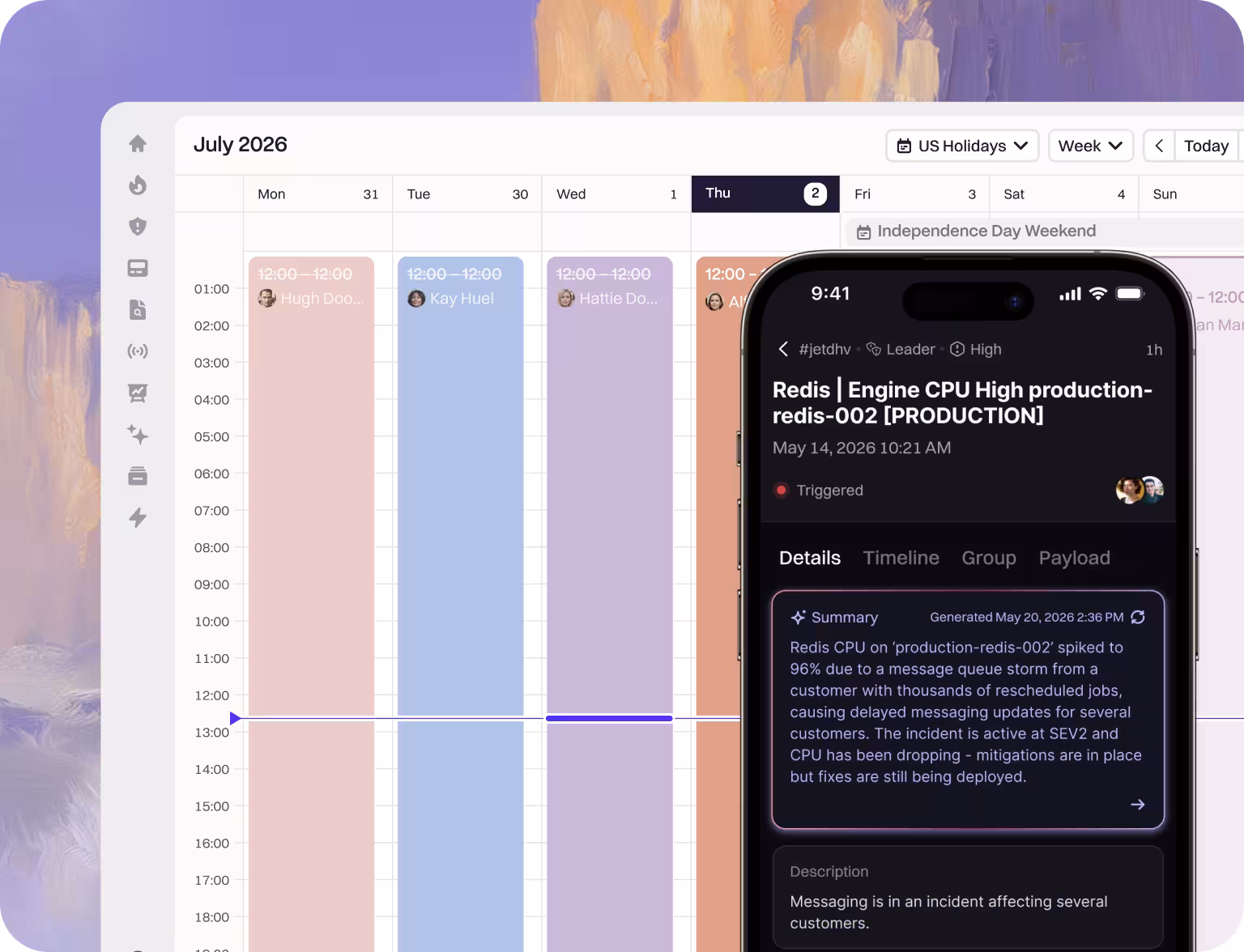 A Rootly on-call schedule for July with a mobile page for a high-CPU Redis incident open beside it