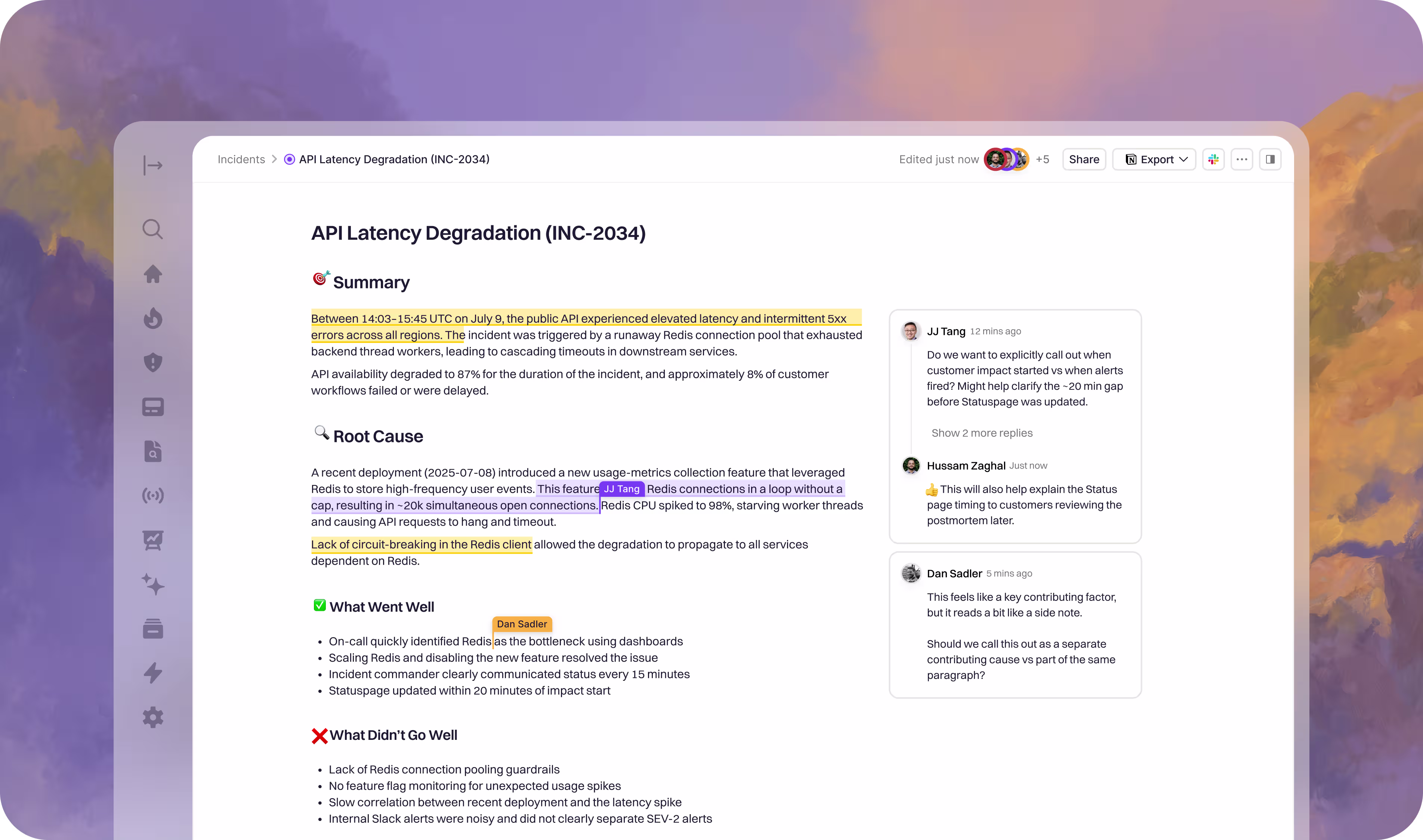A retrospective document being edited by several people with inline comments