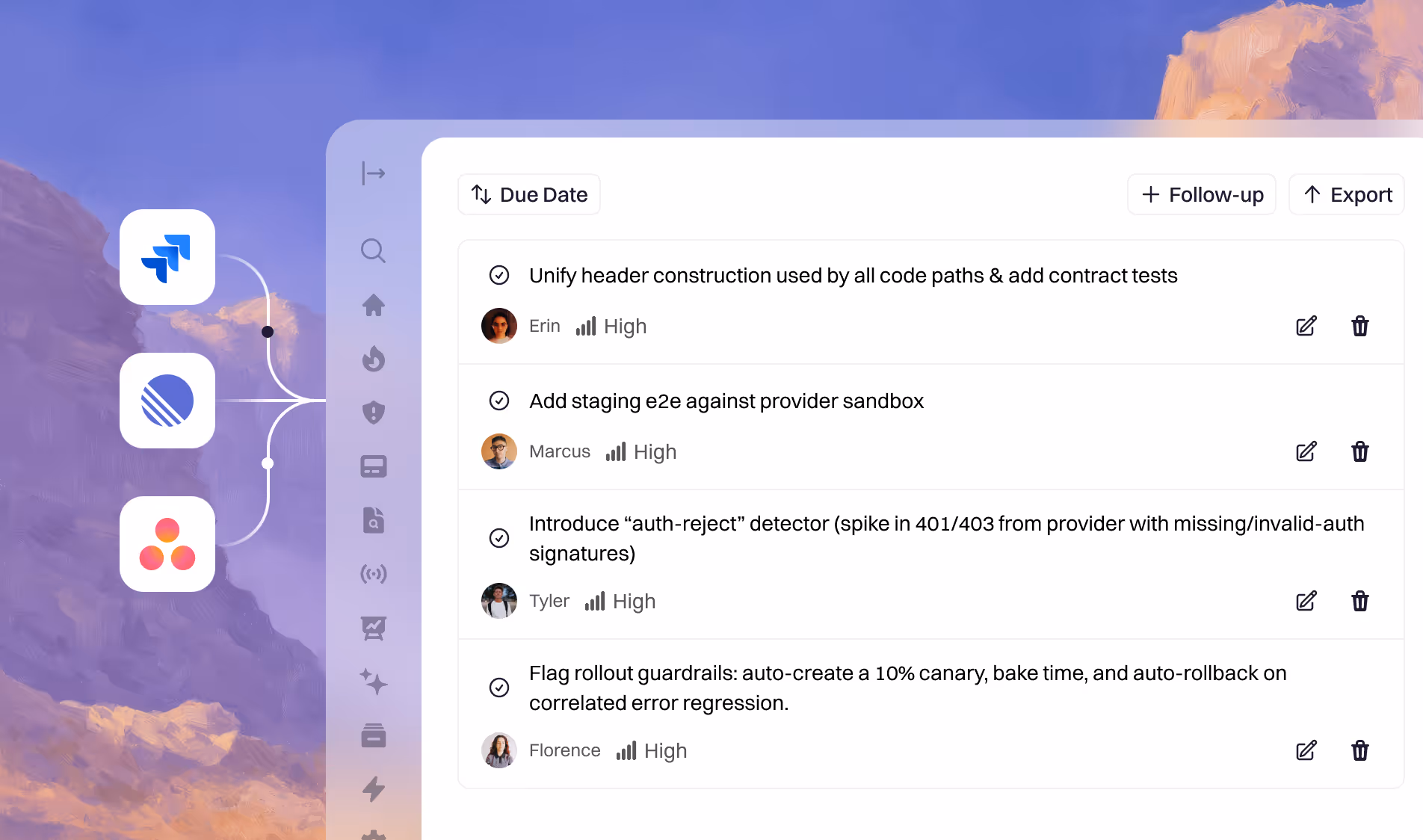 Retrospective action items listed with owners and their linked Jira tickets