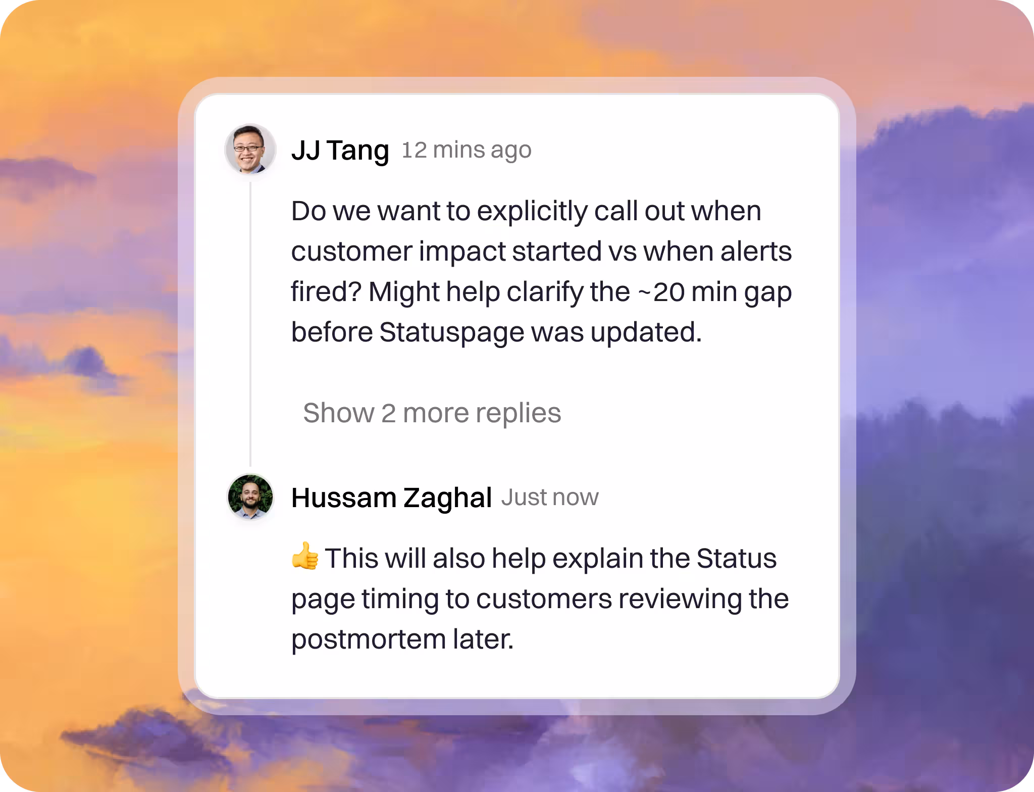 An inline comment thread on a retrospective with an owner tagged
