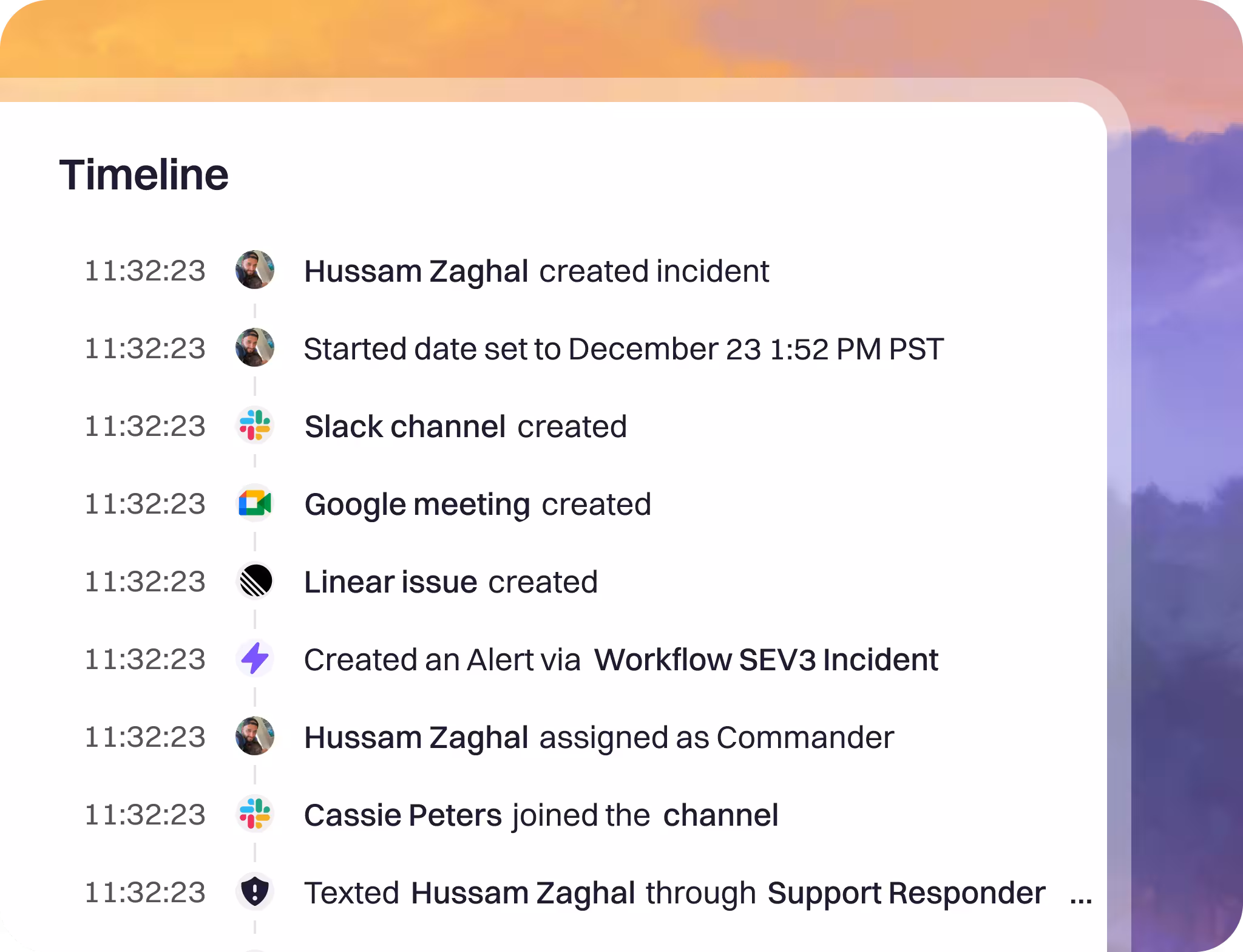 An incident timeline updating as new events arrive, with editable entries