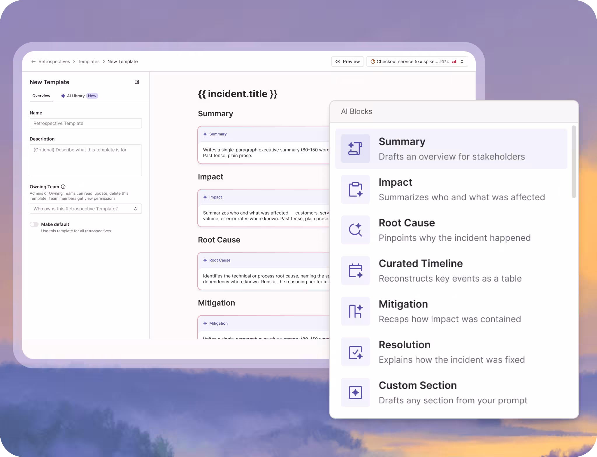 A retrospective template being assembled from AI blocks — summary, impact, root cause, curated timeline and more — each drafting one section